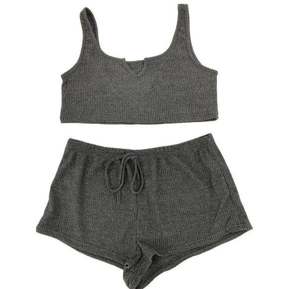 Lot of 2 Shorts plus bralette top 1817 size 1XL gray ribbed lounge - Picture 1 of 6